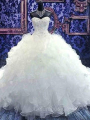 Wedding Dress And Shoe, Ball Gown Sweetheart Cathedral Train Organza Wedding Dresses With Beading