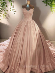 Party Dress Store, Ball Gown Sweetheart Court Train Satin Evening Dresses With Appliques Lace