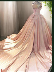 Party Dresses On Sale, Ball Gown Sweetheart Court Train Satin Evening Dresses With Appliques Lace