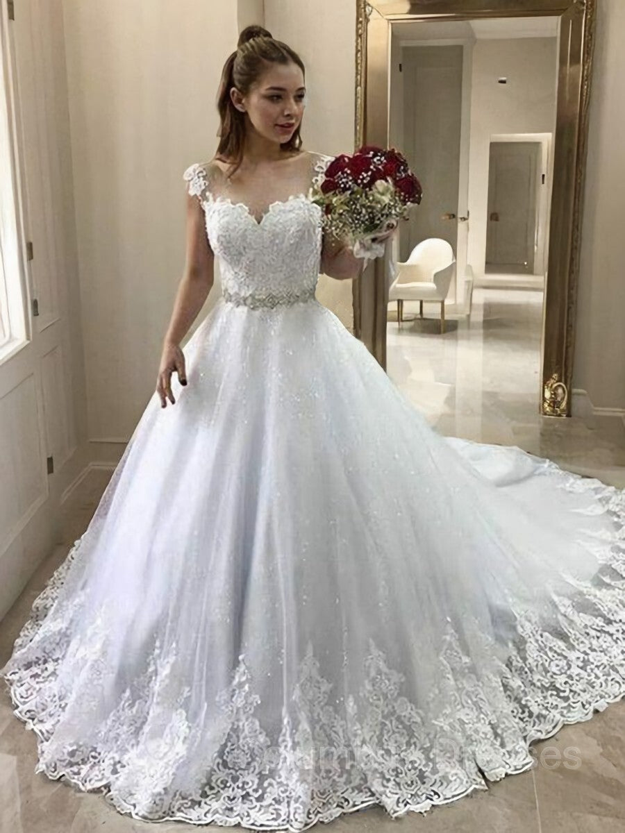 Wedding Dress Under 1006, Ball Gown Sweetheart Court Train Tulle Wedding Dresses With Belt/Sash
