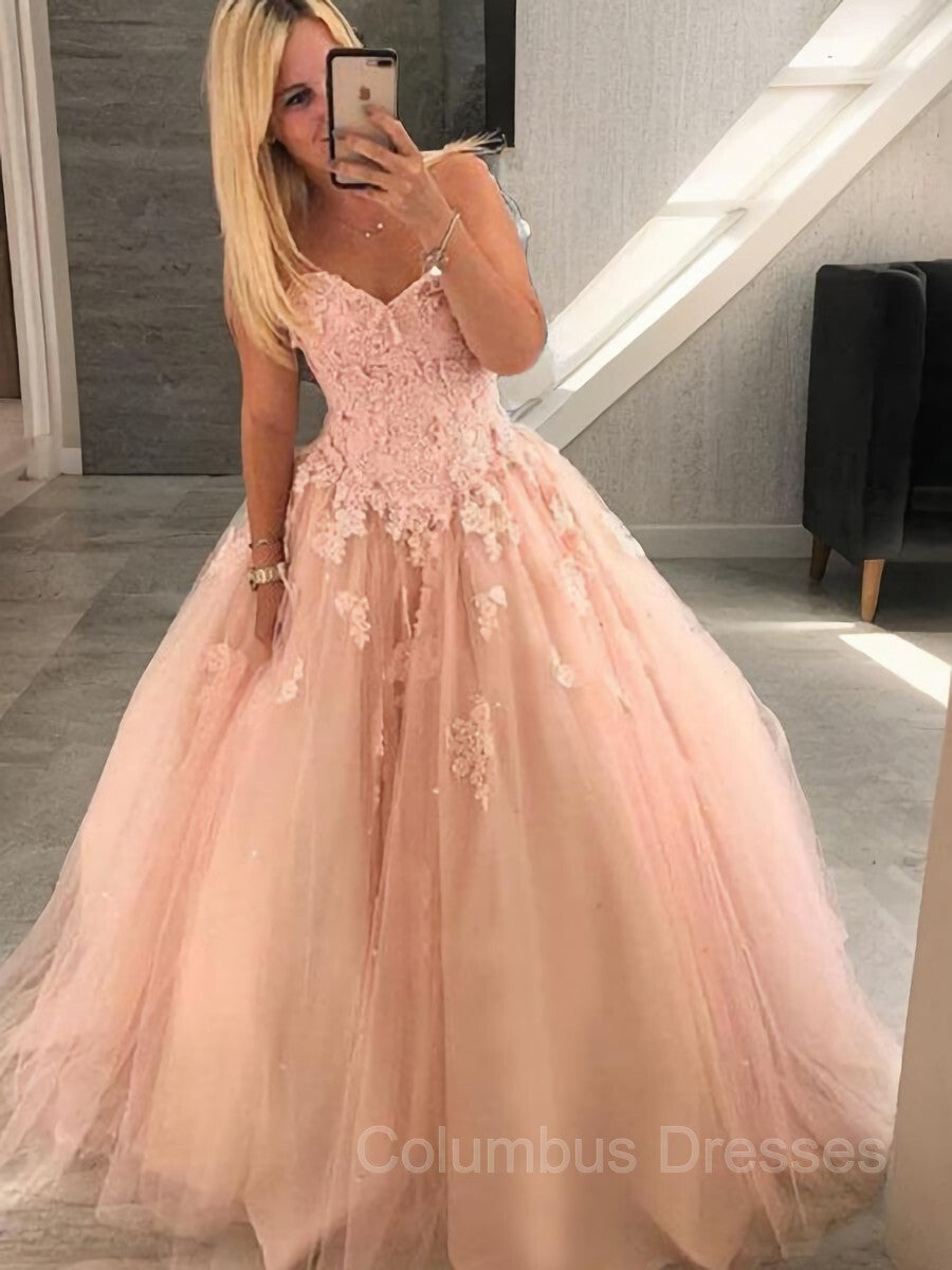 Prom Dresses Two Piece, Ball Gown Sweetheart Floor-Length Tulle Evening Dresses With Appliques Lace