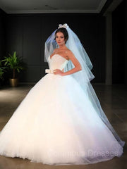 Wedding Dresses Vintage Style, Ball Gown Sweetheart Floor-Length Tulle Wedding Dresses With Bow