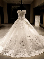Wedding Dress Fits, Ball-Gown Sweetheart Sequin Cathedral Train Tulle Wedding Dress