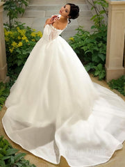 Wedding Dress Sleevs, Ball Gown Sweetheart Sweep Train Satin Wedding Dresses