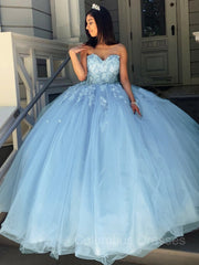 Evenning Dress For Wedding Guest, Ball Gown Sweetheart Sweep Train Tulle Prom Dresses With Appliques Lace