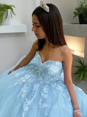 Evening Dresses For Weddings Guest, Ball Gown Sweetheart Sweep Train Tulle Prom Dresses With Appliques Lace