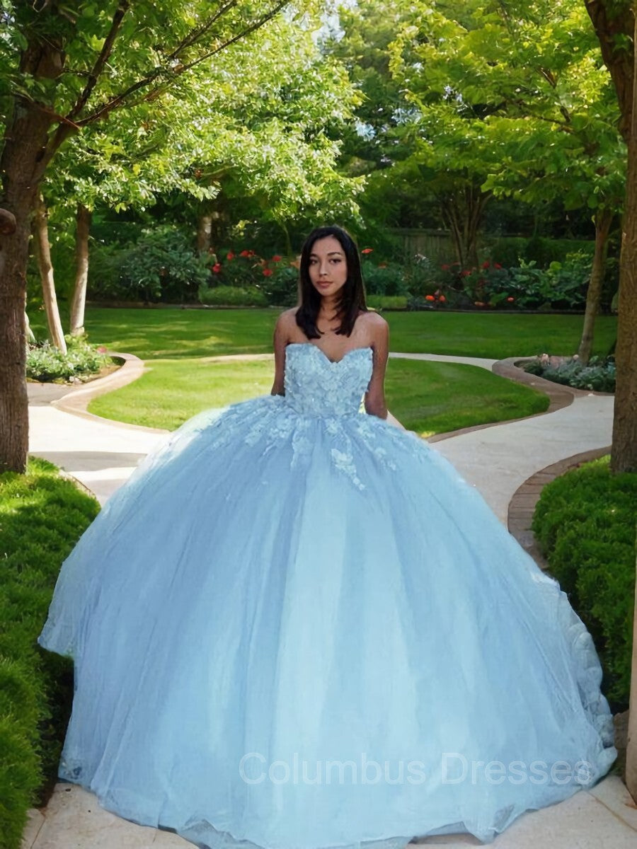 Evening Dress For Wedding Guest, Ball Gown Sweetheart Sweep Train Tulle Prom Dresses With Appliques Lace