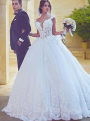Wedding Dress Boutique, Ball Gown Sweetheart Sweep Train Tulle Wedding Dresses With Appliques Lace