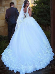 Wedding Dresses Nearby, Ball Gown Sweetheart Sweep Train Tulle Wedding Dresses With Appliques Lace