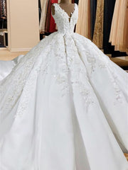 Wedding Dresses Sleeve, Ball-Gown V-neck Appliques Lace Sweep Train Satin Wedding Dress