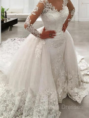 Wedding Dresses Sleeve, Ball Gown V-neck Cathedral Train Tulle Wedding Dresses With Appliques Lace