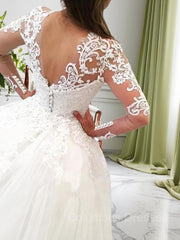 Wedding Dress Sleevs, Ball Gown V-neck Cathedral Train Tulle Wedding Dresses With Appliques Lace