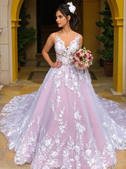 Wedding Dress Flower, Ball Gown V-neck Chapel Train Lace Wedding Dresses With Appliques Lace