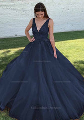 Prom Dress Graduacion, Ball Gown V Neck Court Train Lace Tulle Prom Dress With Appliqued Beading