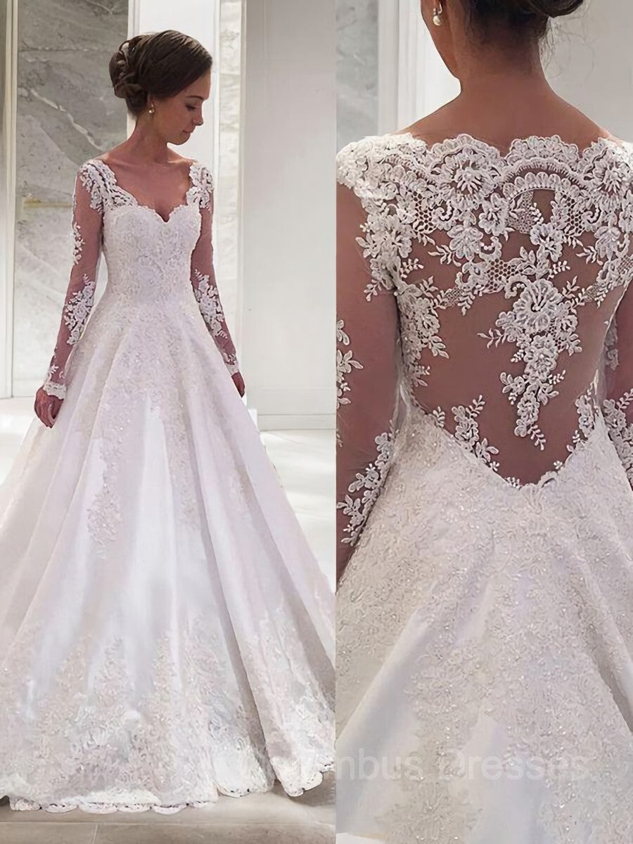 Wedding Dress Summer, Ball Gown V-neck Court Train Satin Wedding Dresses With Appliques Lace