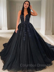 Party Dress Over 68, Ball Gown V-neck Court Train Tulle Prom Dresses With Appliques Lace