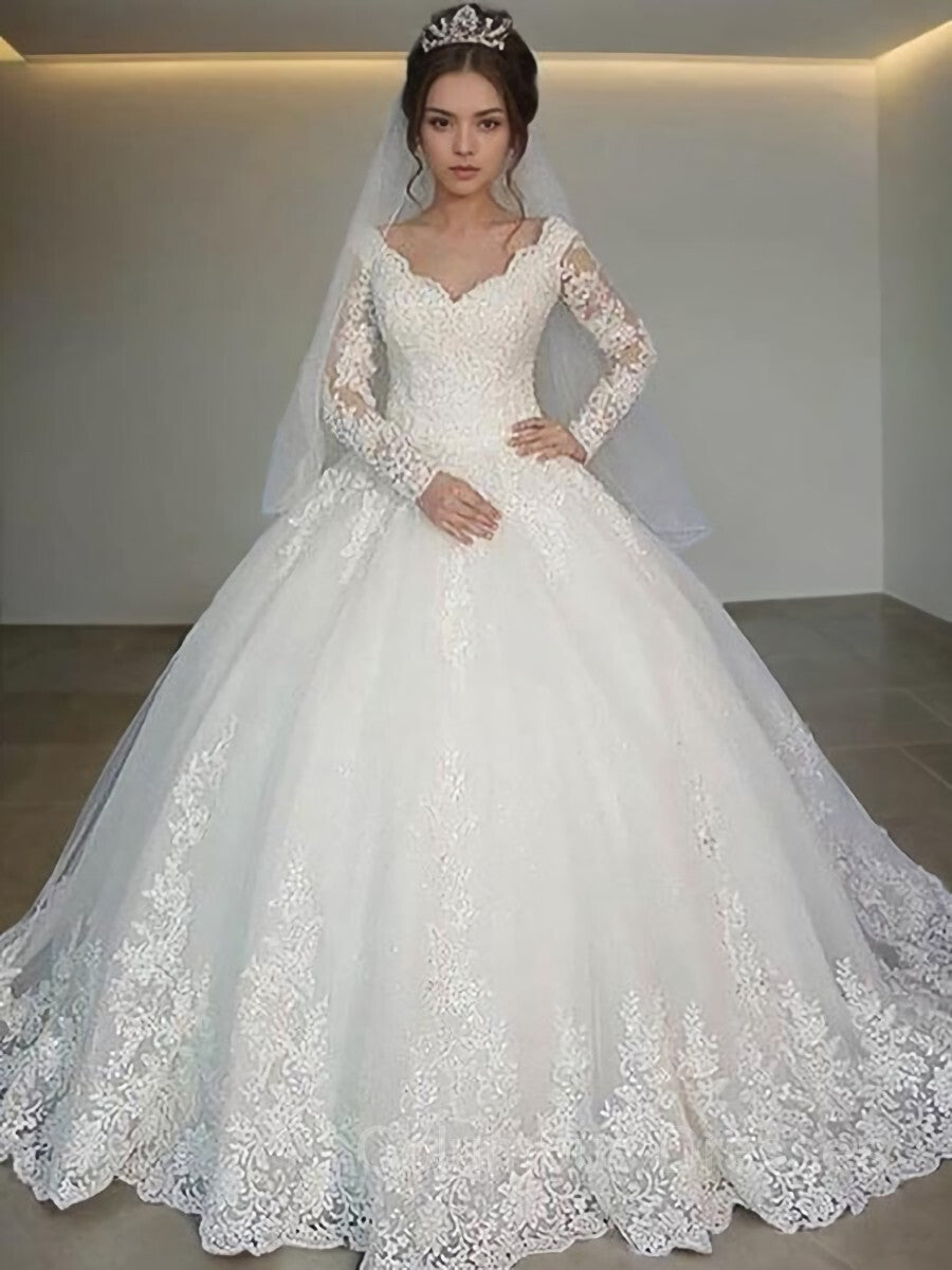 Wedding Dress Outlets, Ball Gown V-neck Court Train Tulle Wedding Dresses