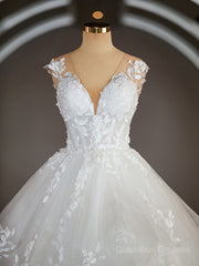 Wedding Dresses Winter, Ball-Gown V-neck Court Train Tulle Wedding Dresses with Appliques Lace