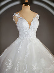 Wedding Dress Casual, Ball-Gown V-neck Court Train Tulle Wedding Dresses with Appliques Lace