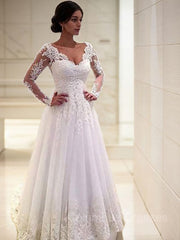 Wedding Dresses Romantic, Ball Gown V-neck Court Train Tulle Wedding Dresses With Appliques Lace