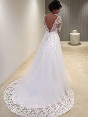 Wedding Dress Outfits, Ball Gown V-neck Court Train Tulle Wedding Dresses With Appliques Lace