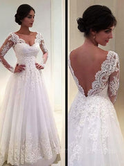 Wedding Dress Sleeves, Ball Gown V-neck Court Train Tulle Wedding Dresses With Appliques Lace