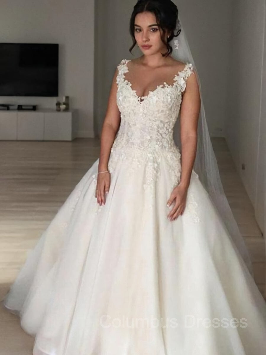 Wedding Dress Designs, Ball Gown V-neck Court Train Tulle Wedding Dresses With Appliques Lace