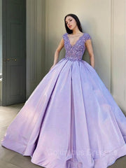 Formal Dress Floral, Ball Gown V-neck Floor-Length Satin Evening Dresses With Beading