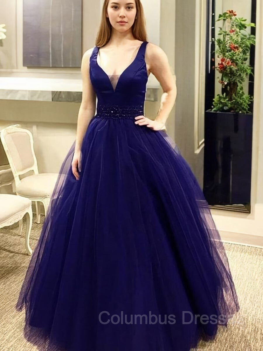 Prom Dresses Long Navy, Ball Gown V-neck Floor-Length Tulle Evening Dresses With Beading