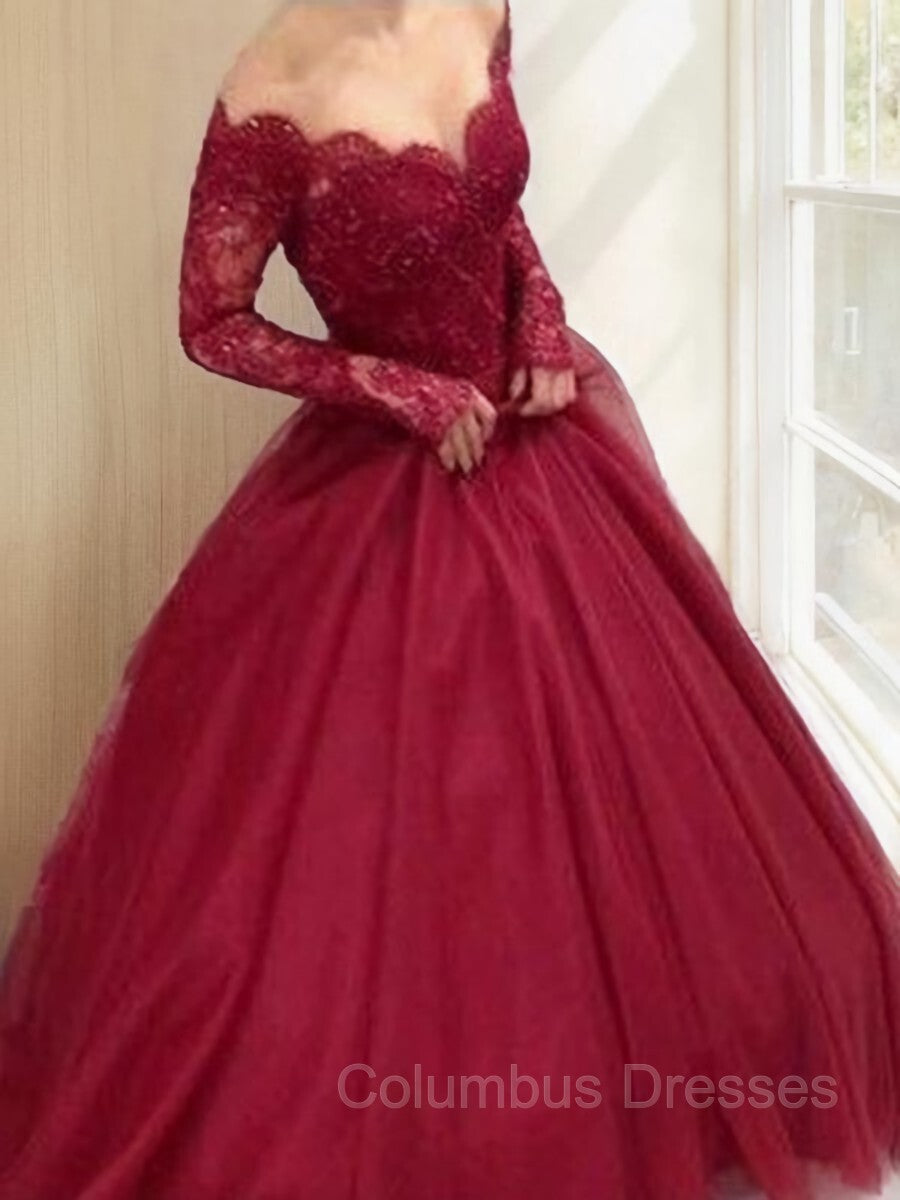 Prom Dress Fabric, Ball Gown V-neck Floor-Length Tulle Prom Dresses With Lace