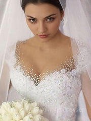Wedding Dress Tulle, Ball Gown V-neck Floor-Length Tulle Wedding Dresses With Beading