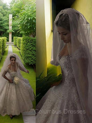 Wedding Dress Boho, Ball Gown V-neck Floor-Length Tulle Wedding Dresses With Beading