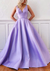 Prom Dresses Designer, Ball Gown V Neck Sleeveless Satin Sweep Train Prom Dress
