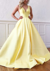 Prom Dress Design, Ball Gown V Neck Sleeveless Satin Sweep Train Prom Dress