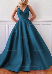 Prom Dresses Designers, Ball Gown V Neck Sleeveless Satin Sweep Train Prom Dress