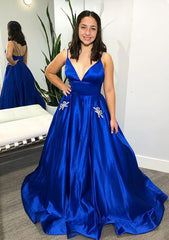 Cocktail Dress Prom, Ball Gown V Neck Spaghetti Straps Sweep Train Satin Prom Dress With Pockets Beading