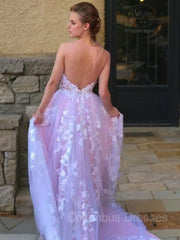 Party Dress Classy Christmas, Ball Gown V-neck Sweep Train Lace Prom Dresses With Appliques Lace