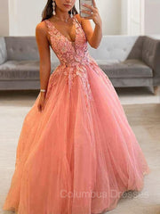Prom Dress Blue Long, Ball Gown V-neck Floor-Length Tulle Prom Dresses With Appliques Lace