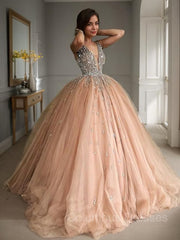 Prom Dress Colors, Ball Gown V-neck Sweep Train Tulle Prom Dresses With Beading