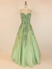 Party Dress Outfits Ideas, Ball Gown V-neck Tulle Floor-length With Appliques Lace Prom Dresses