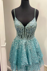 Party Dresses Sale, Turquoise Straps Deep V Neck Appliques A-line Multi-Layers Homecoming Dress