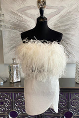 Bridesmaid Dress Lavender, White Sequins Strapless Homecoming Dress with Feathers