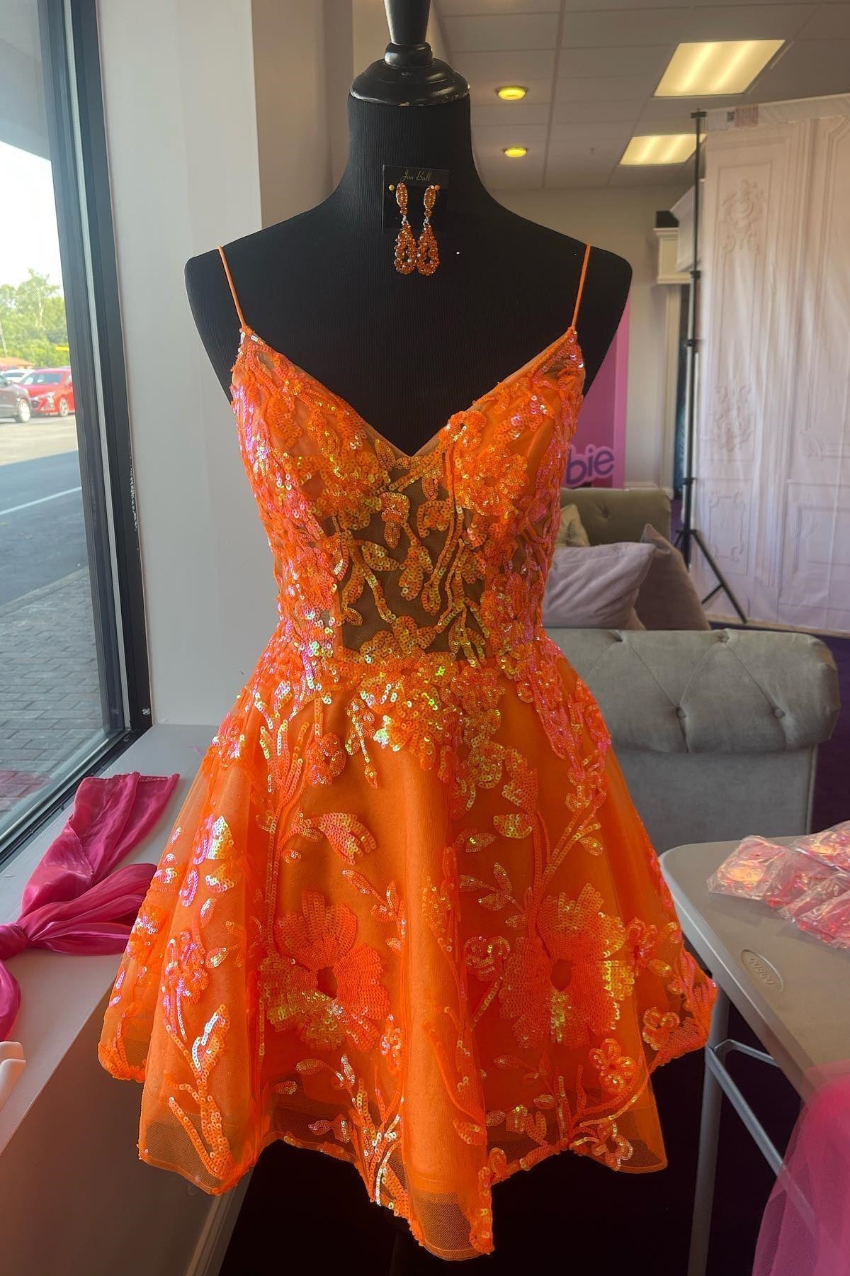 Prom Dress Two Pieces, Orange A-line V Neck Straps Sequins-Embroidered Homecoming Dress