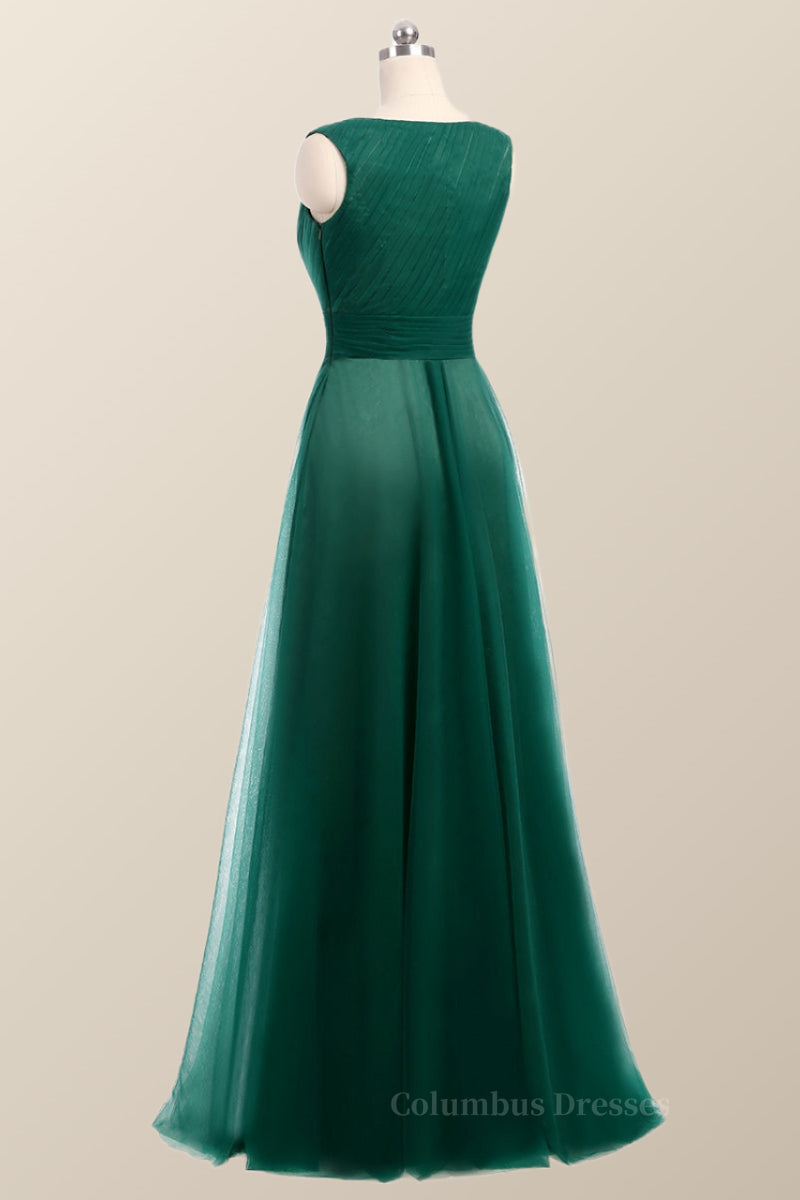 Evening Dresses For Wedding Guest, Bateau Green Tulle Long Bridesmaid Dress