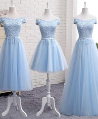 Bridal Shower Games, Sky Blue A Line Lace Off Shoulder Prom Dress, Lace Evening Dresses