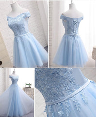 Boho Wedding Dress, Sky Blue A Line Lace Off Shoulder Prom Dress, Lace Evening Dresses