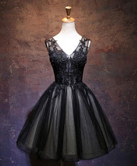 Bridesmaid Dress Burgundy, Black V Neck Lace Short Prom Dress, Black Party Dress