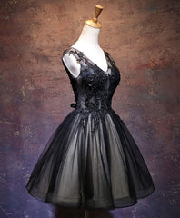 Bridesmaids Dresses Short, Black V Neck Lace Short Prom Dress, Black Party Dress