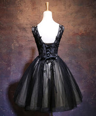 Bridesmaides Dresses Short, Black V Neck Lace Short Prom Dress, Black Party Dress