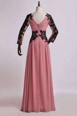 Evening Dresses Open Back, Dusty Pink Chiffon Long Sleeve Mother of the Bride Dress with Appliques